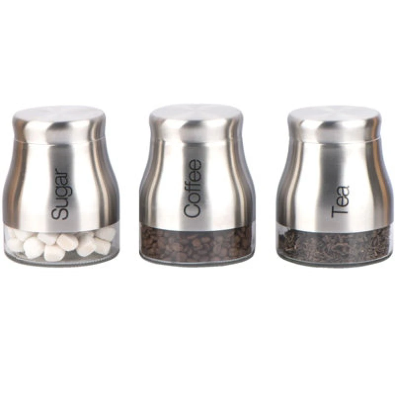 Image of Gr8 Home Set Of 3 Silver Storage Canisters Tea Coffee Sugar Jars Pots Food Containers