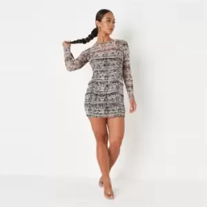 Image of Missguided Snake Ruched Ls Mini Dress - Brown