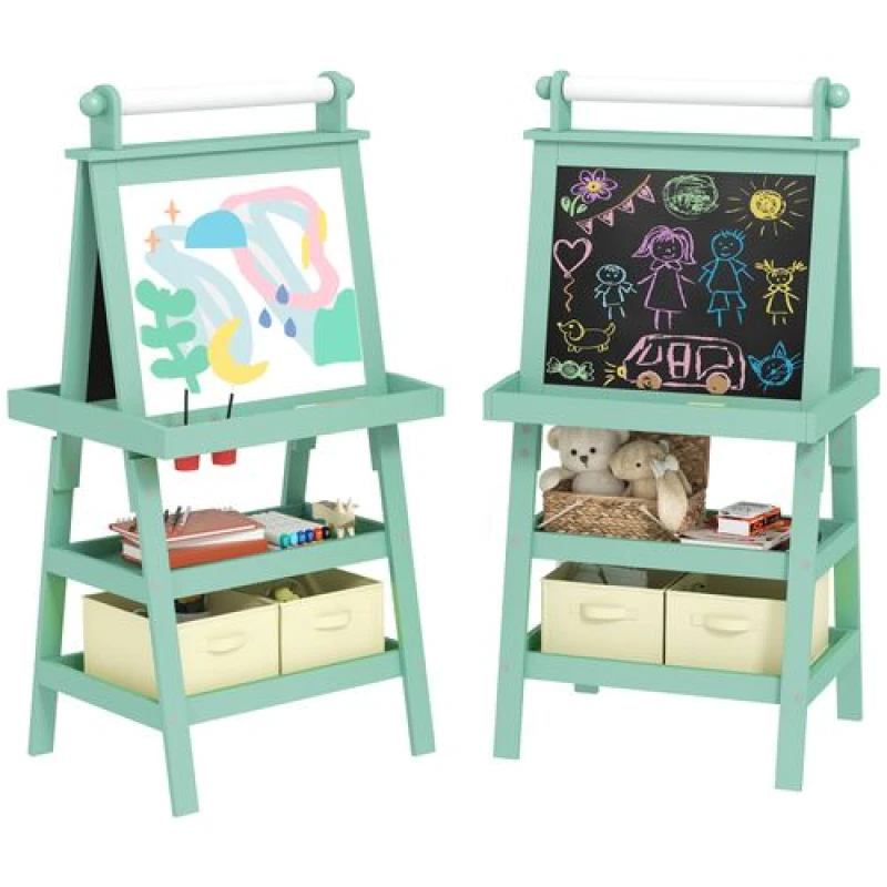 Image of AIYAPLAY AIYAPLAY Double-Sided Art Easel for Kids w/ Paper Roll, Storage Baskets - Green