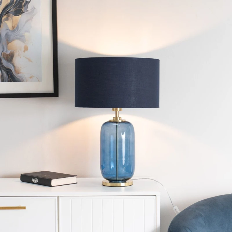 Image of ValueLights ValueLights Leigh Fabric Drum Shade with Navy Blue Glass and Gold Trim Table Lamp in Black One Size Unisex 5059406044236