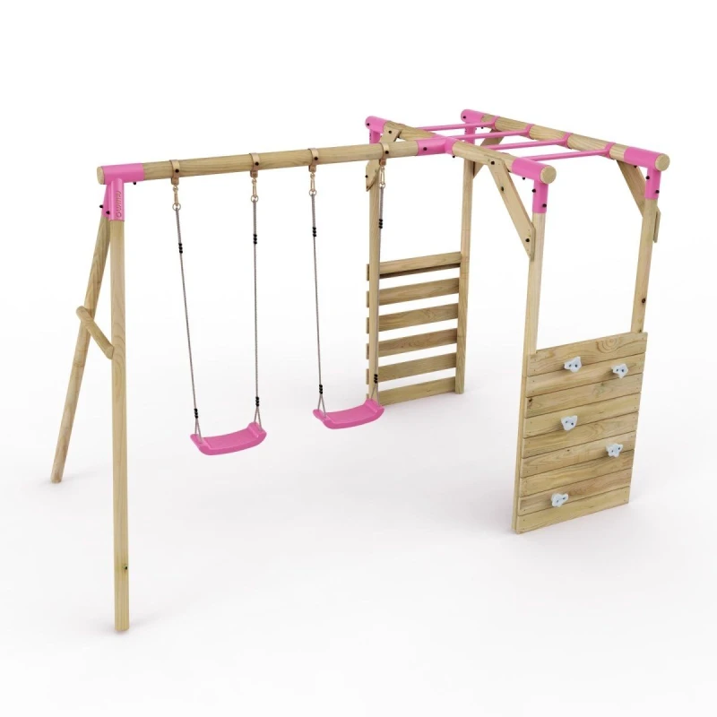 Image of Rebo Wooden Double Swing Set with Climbing Wall and Monkey Bars - Venus Pink Pink
