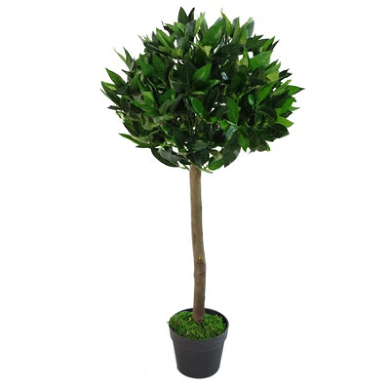 Image of Leaf Design 90cm (3ft) Plain Natural Trunk Artificial Topiary Bay Laurel Ball Tree