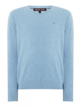 Image of Mens Michael Kors Cotton V Neck Logo Jumper Light Blue