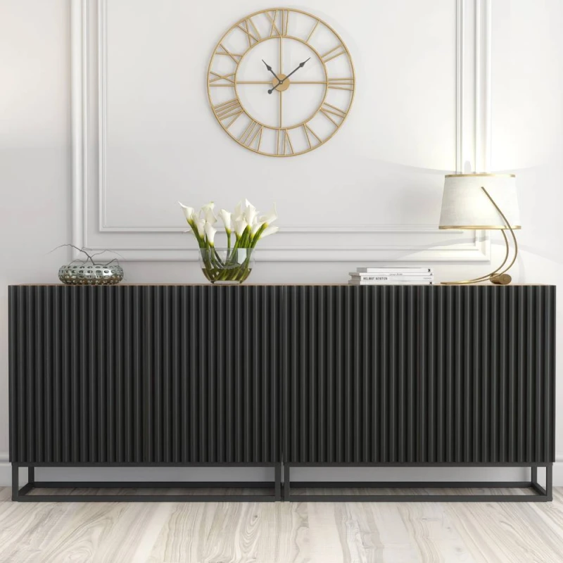 Image of Creative Furniture Ripple Duo Sideboard 200cm - Oak & Black Fluted Doors in Dark Brown Dark Brown Unisex
