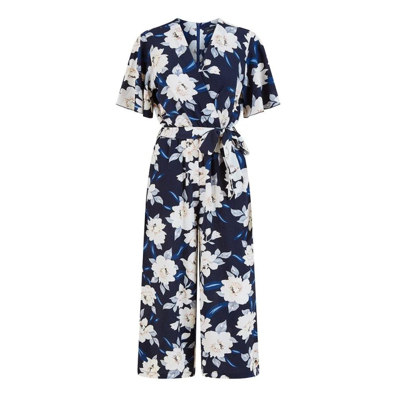 Image of Yumi Navy Floral Print Jumpsuit With Angel Sleeves Navy female