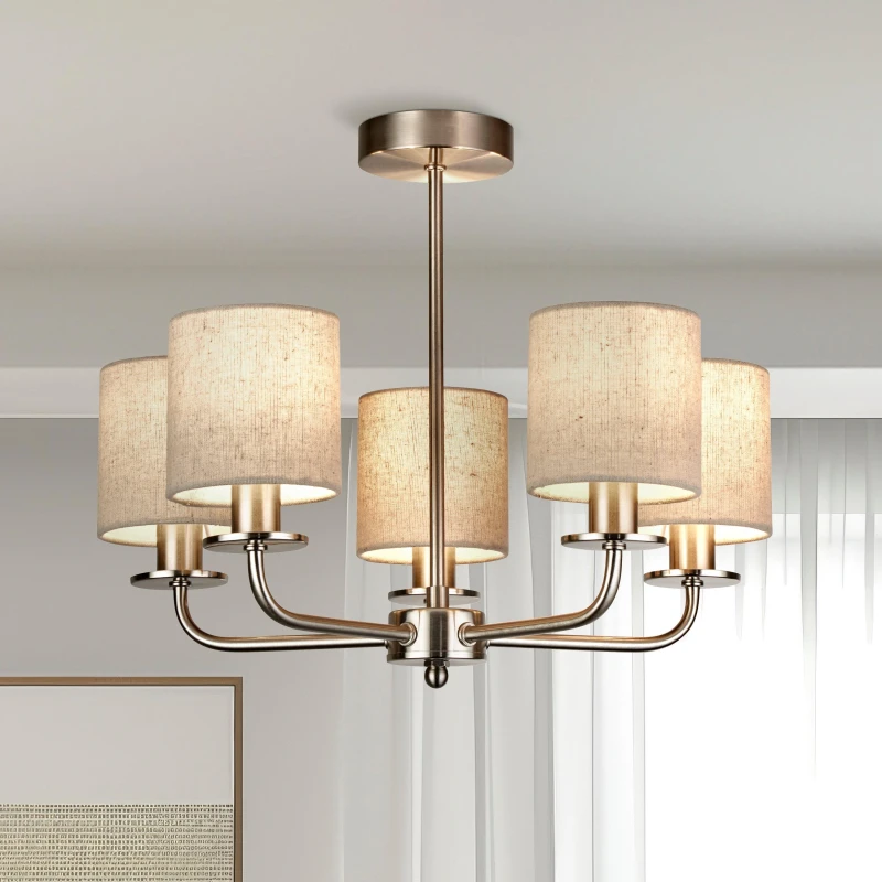 Image of SO'HOME Satin Silver 5 Arm Mini Chandelier with Linen Shades silver-coloured ONE SIZE