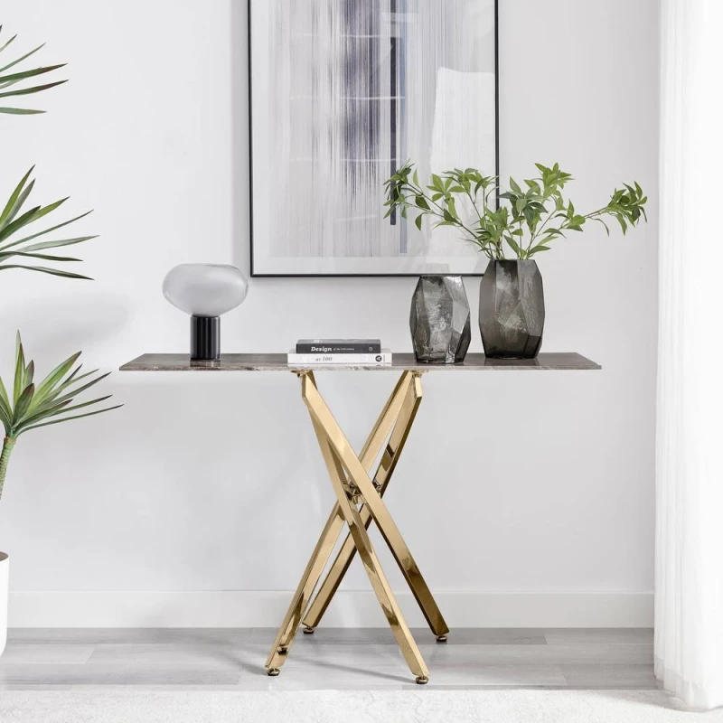 Image of FurnitureboxUK Leonardo Rectangular Marble Effect Glass Top Console Table With Gold Metal Starburst Legs in Grey Grey Unisex