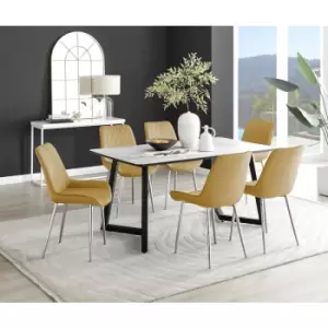 Image of Furniturebox UK - Furniturebox Carson White Marble Effect Rectangular 160cm Dining Table & 6 Mustard Pesaro Silver Velvet Chairs