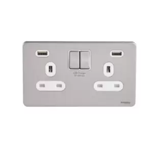 Image of Schneider USFP 2G Switched Socket Double Pole 2x USB 4A White Insert Stainless Steel - GGBGU3424DWSS