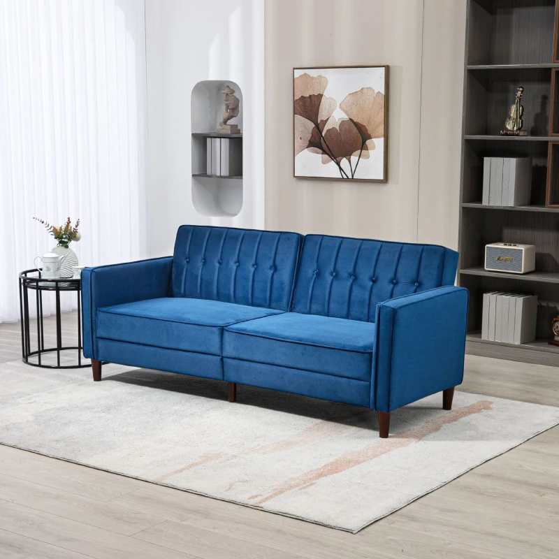 Image of HOMCOM Sofa Futon Velvet Touch Tufted Couch Compact Loveseat Sleeper Sofa Bed Blue
