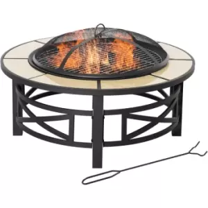 Image of Outsunny - Outdoor Fire Pit Firepit Bowl with Grill Spark Mesh and Fire Poker - Black, Yellow