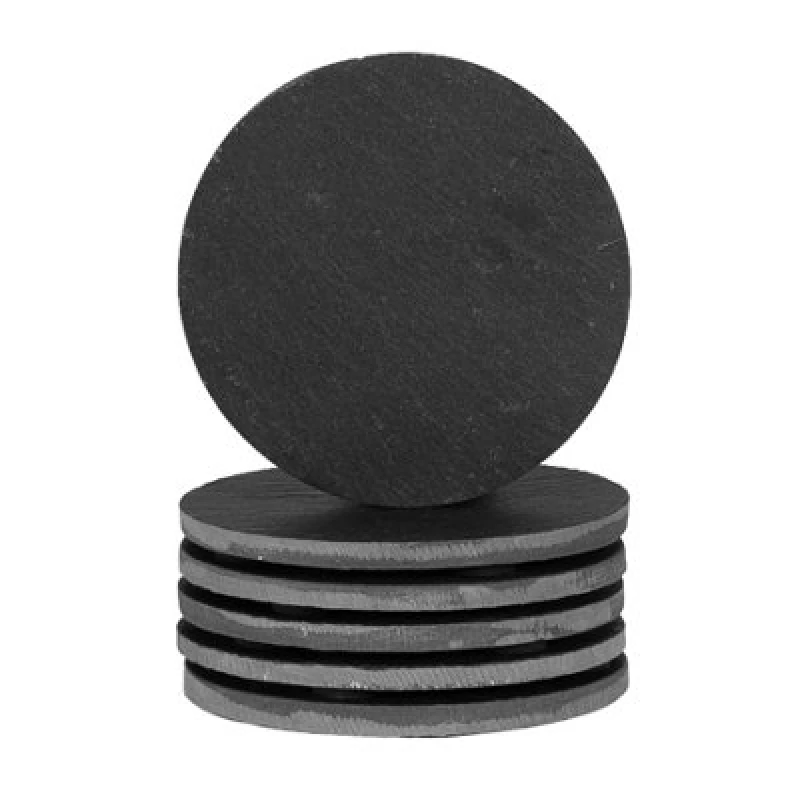 Image of Argon Tableware Linea Round Slate Coasters - 10cm - 6x Natural Black Stone Home Kitchen Drink Coffee Cup Glass Holder Table Mat Placemats Black