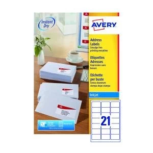 Image of Avery Inkj Label 63.5x38.1mm 21 Per Sheet Wht Pack of 2100 J8160-100