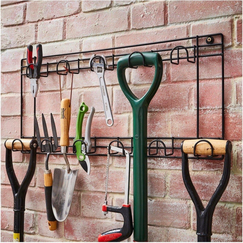 Image of House of Home 11 Space Tool Rack Hook Wall Mounted Hanger Two Tier Shed Garage Storage Black