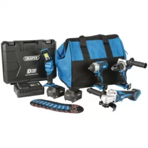Image of Draper D20 20V Workshop Kit (4 Piece) (+1x 3Ah Batteries, 1x 4Ah Battery, Charger and Bag)