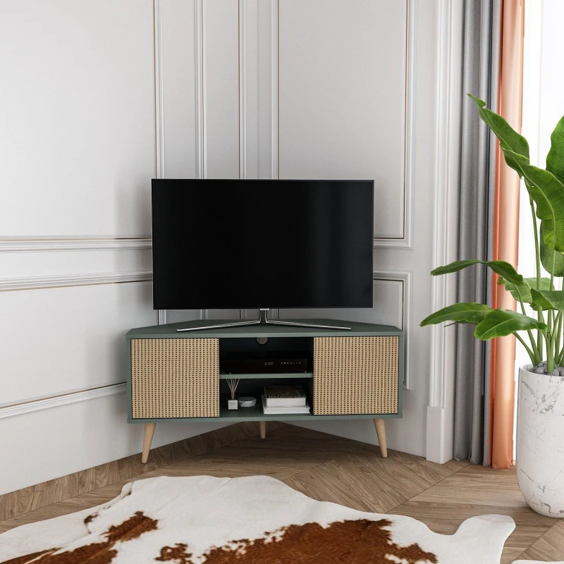 Image of DECOROTIKA Decorotika - Lesson Corner TV Stand 2 Shelves and Two Cabinets - Green and Rattan LSS47TS04