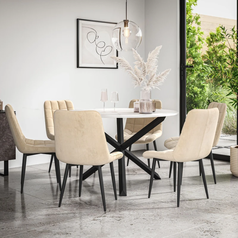 Image of More4Homes Malvern Round Dining Table And Chairs - Marble Table Top W Solid Black Oak Legs + Nova Velvet Dining Chair Set Of 6 (Beige)