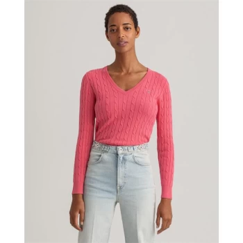 Image of Gant V Neck Cable Knit Jumper Womens - Pink