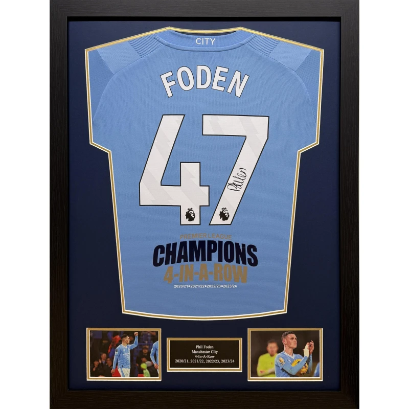 Image of AllStarSignings Ltd Phil Foden signed Manchester City 4 in a row shirt Blue unisex One Size