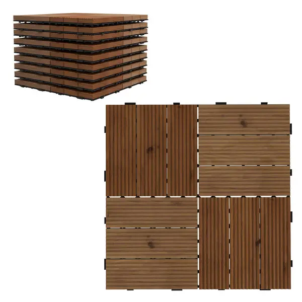 Image of Outsunny 9 Pcs Wooden Interlocking Decking Tiles 30 x 30cm Outdoor Flooring Tiles Brown