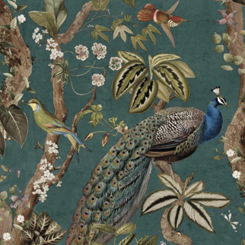 Image of Holden Decor Peacock Woods Aqua Wallpaper 10m x 53cm, Blue 13682