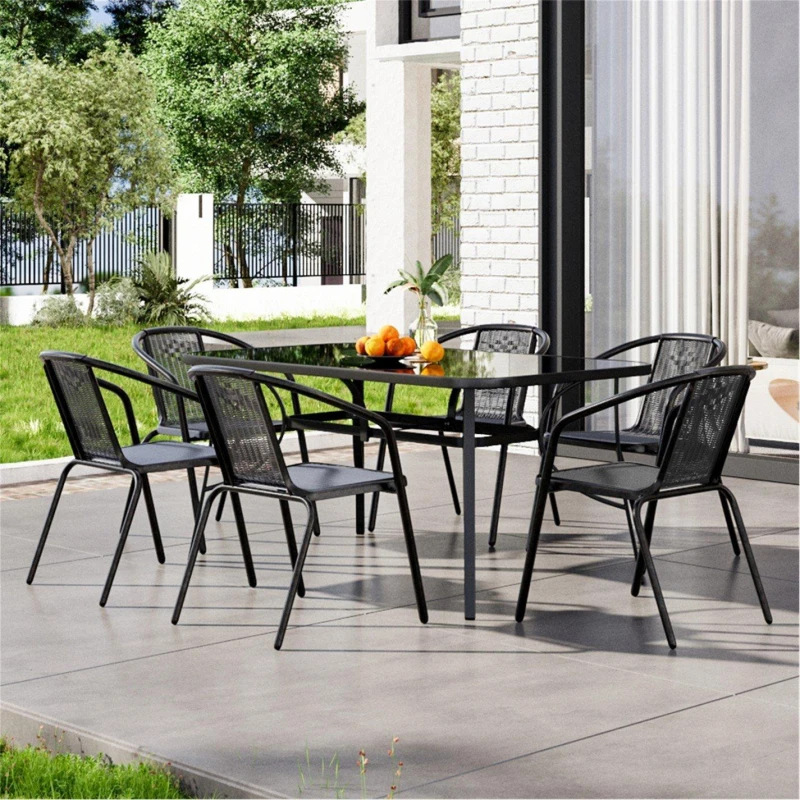 Image of Breeins Rectangle Garden Table with 6 Rattan Chairs - Black L