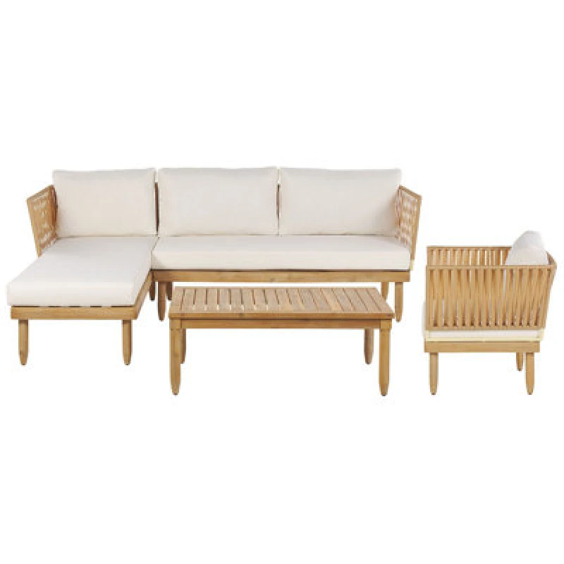 Image of Beliani Garden Lounge Set With Table 4 Seater Cremona Right Hand Acacia Wood Off-White