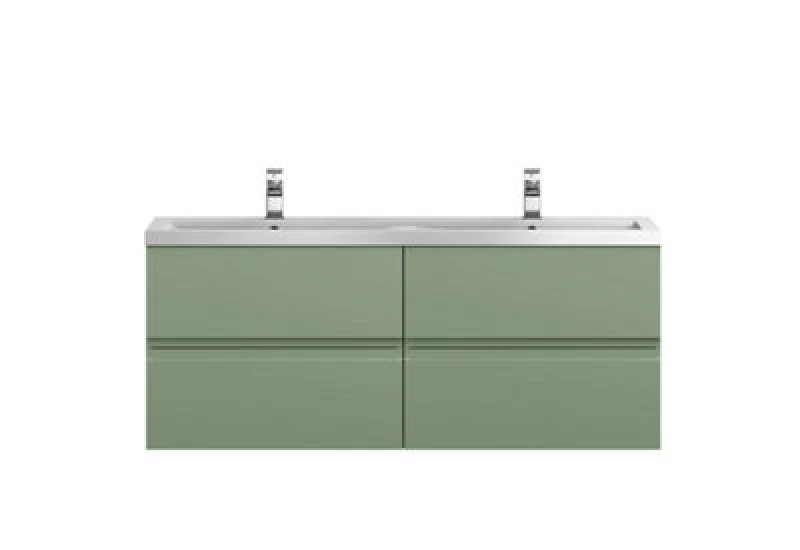 Image of Nuie Hudson Reed Urban Wall Hung 4 Drawer Vanity Unit With Double Ceramic Basin, Modern Bathroom Furniture In Satin Green, 1200mm