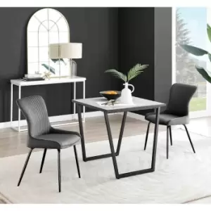 Image of Furniture Box Carson White Marble Effect Square Dining Table and 2 Dark Grey Nora Black Leg Chairs