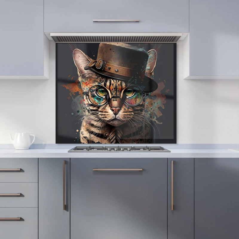 Image of Warren Reed - Designer Bengal Cat With Glasses Kitchen Splashback Size: 900mm x 750mm Multicolor Unisex 900mm x 750mm