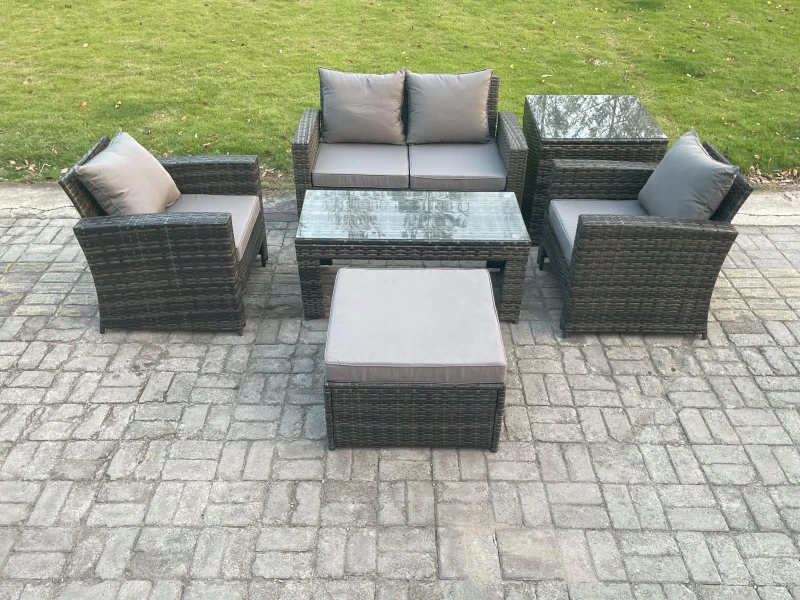 Image of Fimous 5 Seater Outdoor Rattan Garden Furniture Set Patio Lounge Sofa Set with Coffee Table Big Footstool Side Table in Dark Grey Dark Grey Unisex