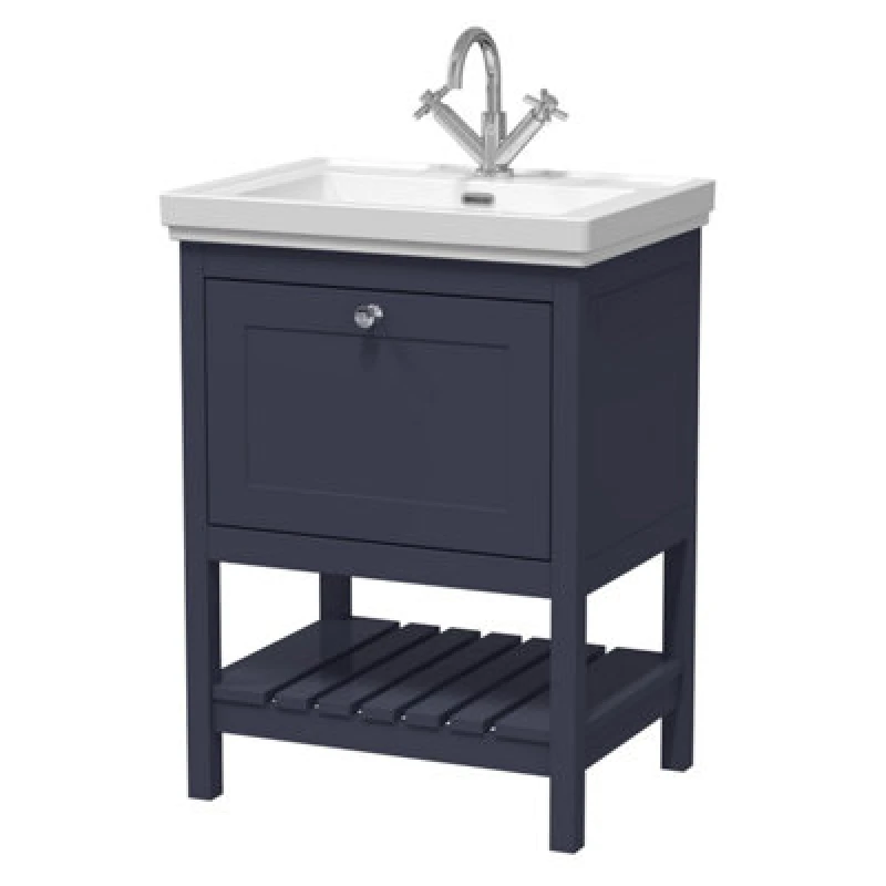 Image of Nuie Old London Bexley Floor Standing 1 Drawer Vanity & 1 Tap Hole Fireclay Basin, Stylish Vanity Unit With Basin, Indigo Blue, 600mm