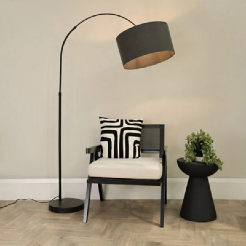 Image of ValueLights Louis Black Arched Curved Floor Lamp with Fabric Drum Lamp Shade and LED Bulb Charcoal