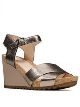 Image of Clarks Flex Sun Ankle Strap Leather Wedge Sandal - Stone