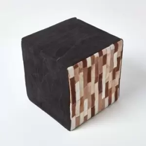 Image of Brown and Black Patchwork Cube Pouffe Suede Leather 36 x 36 x 38cm - Black & Brown - Homescapes