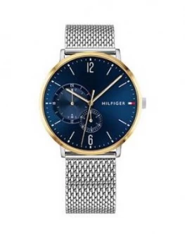 Image of Tommy Hilfiger Blue and Gold Detail Dial Stainless Steel Mesh Strap Mens Watch, One Colour, Men