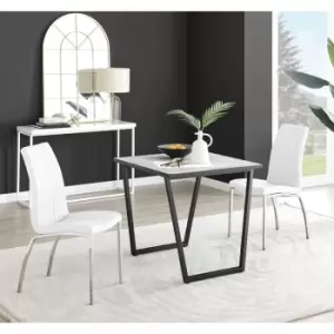 Image of Furniturebox Carson White Marble Effect Square Dining Table & 2 White Isco Faux Leather Chairs