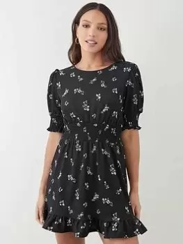 Image of Dorothy Perkins Ditsy Floral Shirred Waist Mini Dress - Black, Size 12, Women