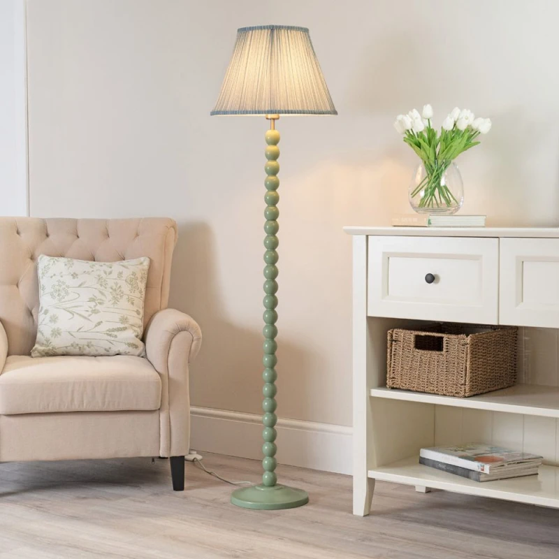 Image of ValueLights Bobbins Sage Green Floor Lamp with Tapered Fabric Pleated Shade Blue