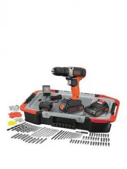 Image of Black & Decker 18V Lithium Ion Cordless Drill Drive With 2 Batteries and 165 Accessories With Kitbox