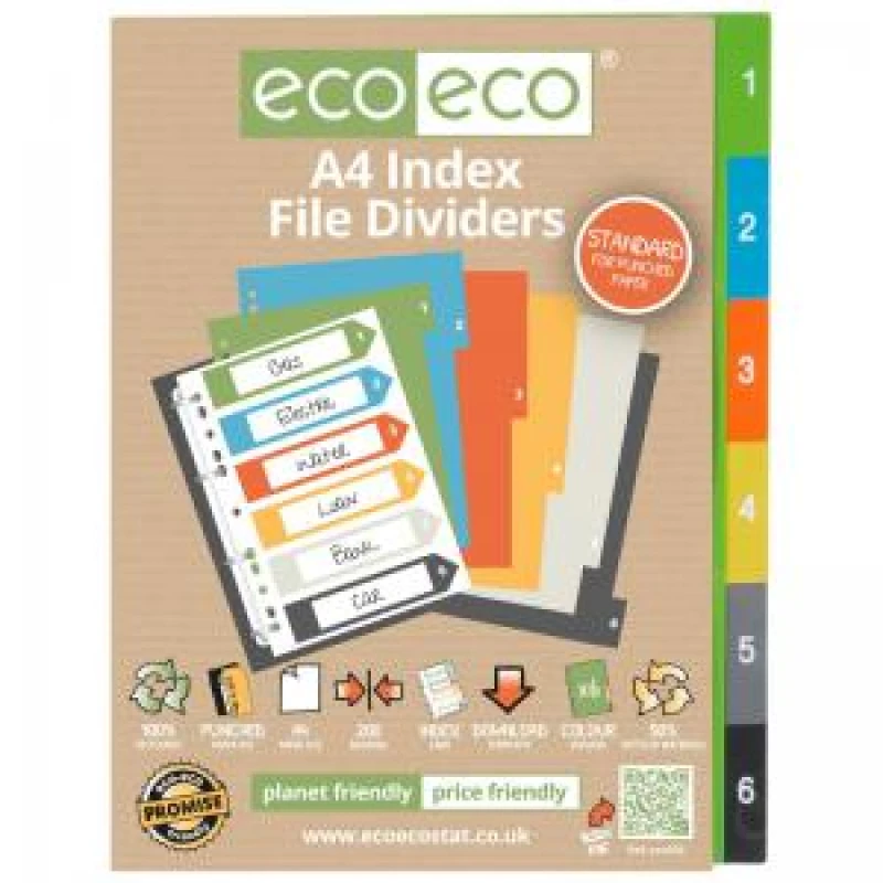 Image of Eco Eco Mutlicolour 50% Recycled Index Dividers A4 1-6 eco026-S