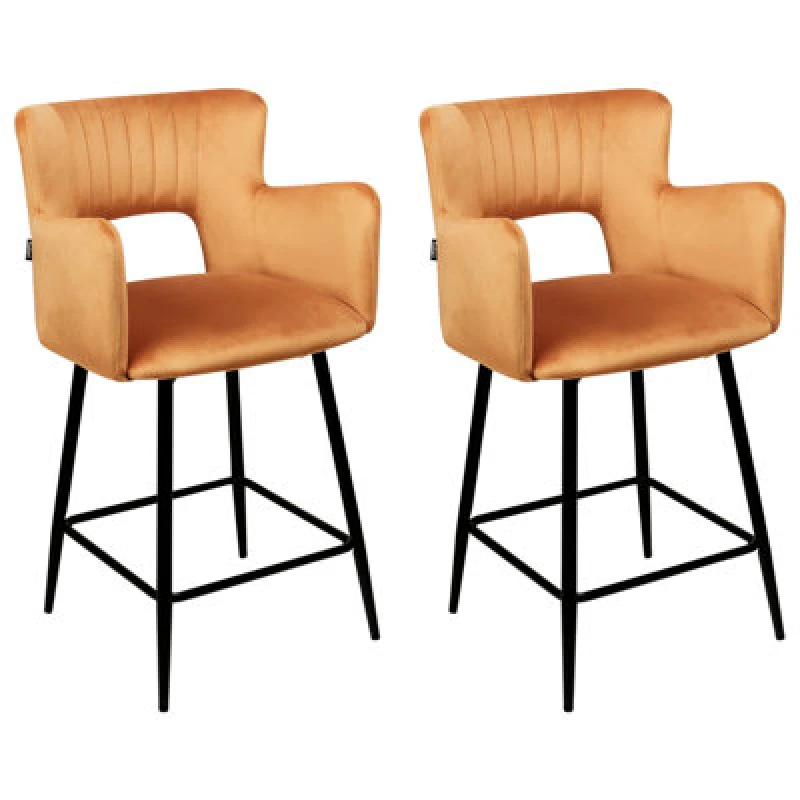 Image of Beliani Set Of 2 Bar Chairs Sanilac Velvet Orange