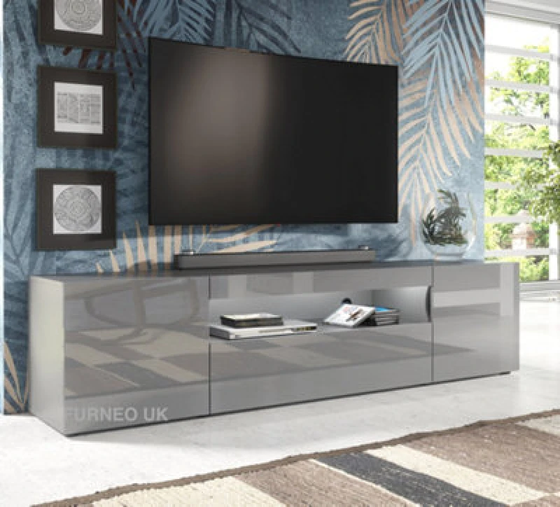 Image of Furneo 200Cm Long TV Stand Unit Cabinet Matt & High Gloss Grey Clifton 08G White LED Lights