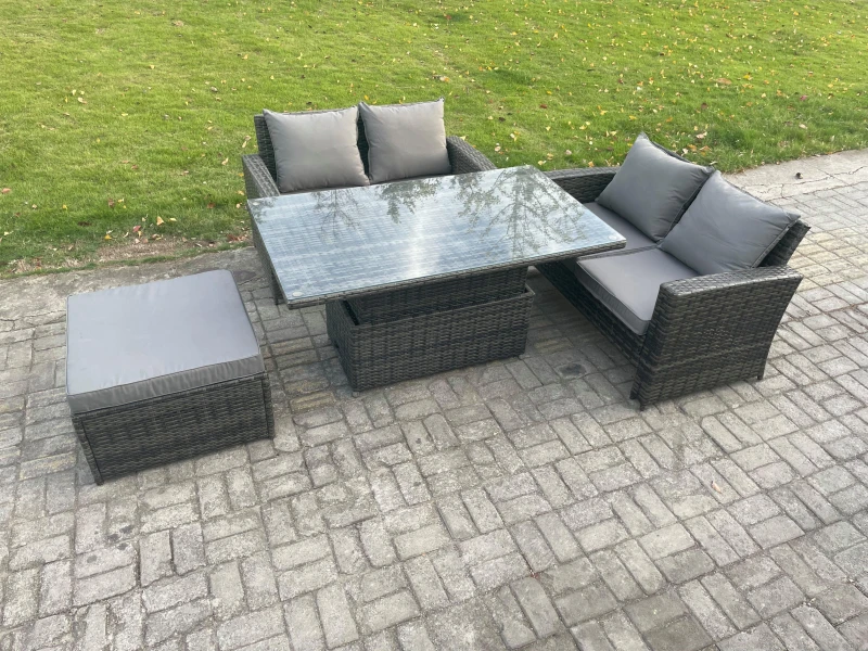Image of Fimous 4 Pieces Garden Furniture Sets Rattan Outdoor Patio Height Adjustable Rising Lifting Table Sofa Dining Set in Dark Grey Dark Grey Unisex