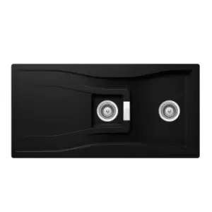 Image of 1.5 Bowl Inset Black Granite Kitchen Sink with Reversible Drainer - Rangemaster Schock Waterfall D-150