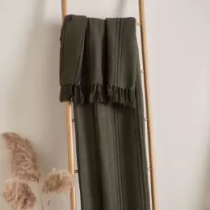 Image of Drifthome - Drift Home Brinley Woven 100% Recycled Eco-Friendly Cotton Rich Fringed Throw, Moss, 130 x 180 Cm
