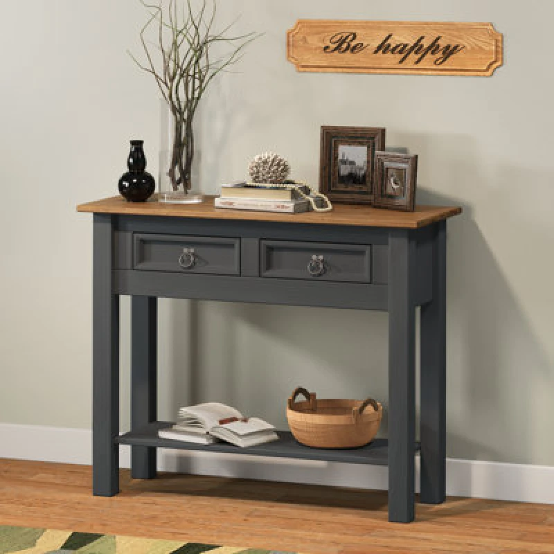 Image of Mercers Furniture Corona Charcoal 2 Drawer Console Table 1 Shelf Hallway Side Unit Solid Pine With Mexican Styling, Grey CHARC104