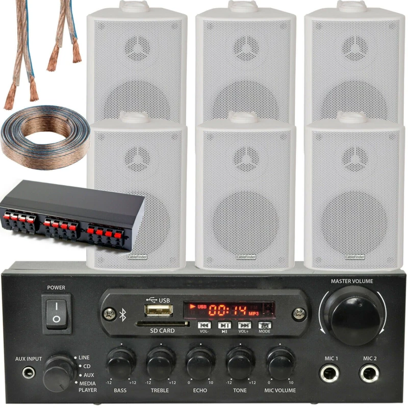 Image of Loops Bluetooth Wall Speaker Kit 3 Zone Stereo Amp & 6x White Wall Background Music White unisex