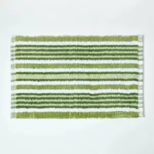 Image of Handloomed Striped Cotton Green Bath Mat - Green - Green - Green - Homescapes