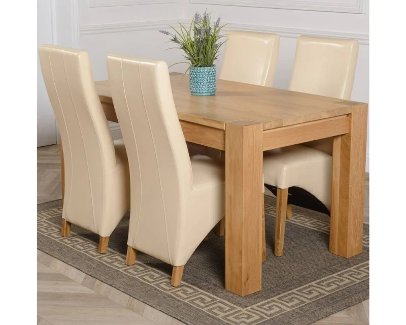 Image of Thats Furniture Kuba 150 x 85cm Chunky Medium Oak Dining Table & 4 Lola Leather Chairs in Cream Cream Unisex 150 x 85 cm